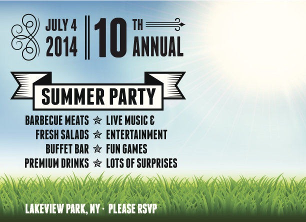 文字描述了7月4日的夏季聚会，背景是天空中有草。图片下载