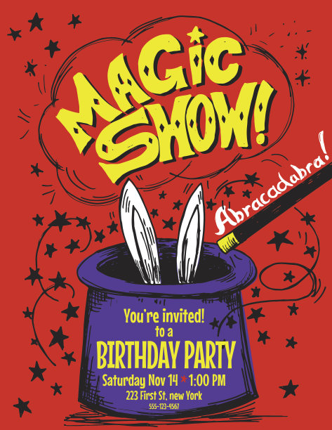 手绘魔术表演生日派对邀请模板图片下载
