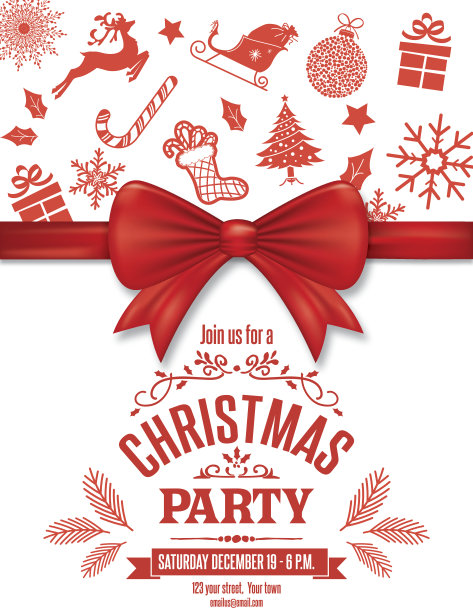 红色圣诞派对邀请模板与弓和图标图片下载