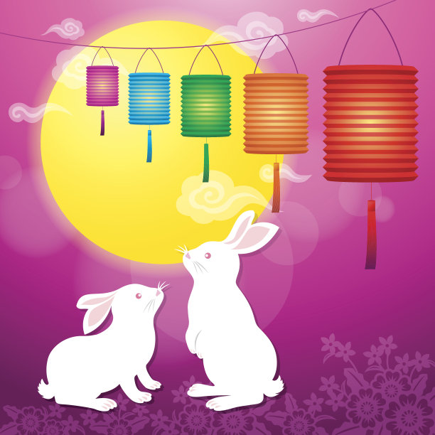 兔和纸灯笼在满月中秋节素材图片