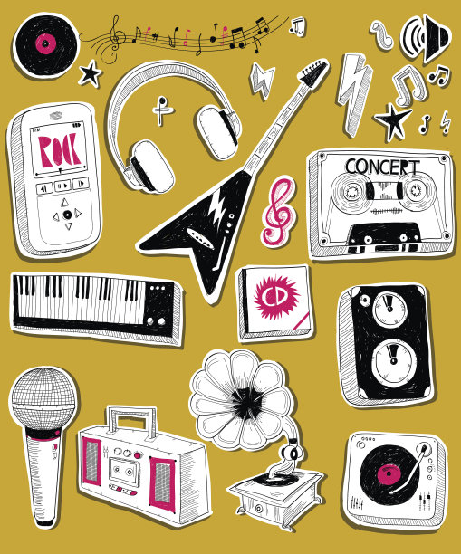 乐器和演奏者的黑白画图片下载