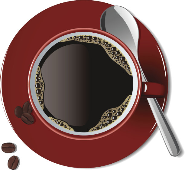 用红盘子盛咖啡，用勺子和咖啡豆图片下载