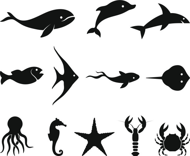 海洋生物黑白版权免费矢量图标集图片下载