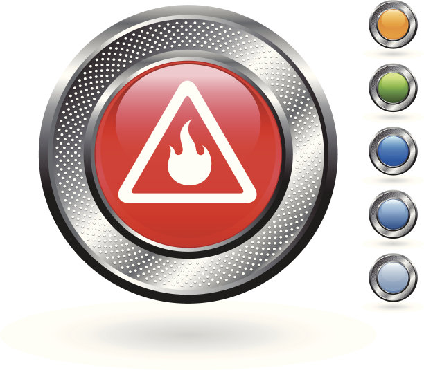 带有金属边框的按钮上的火灾危险图标图片下载