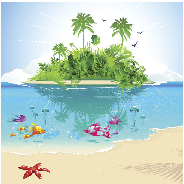 卡通海洋和岛屿与热带鱼和绿色植物素材图片