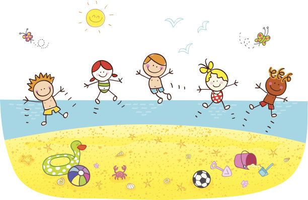 儿童跳跃在海滩卡通插图图片下载