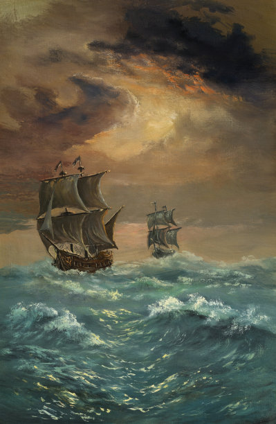 画的是两艘船在波涛汹涌的海上航行图片下载