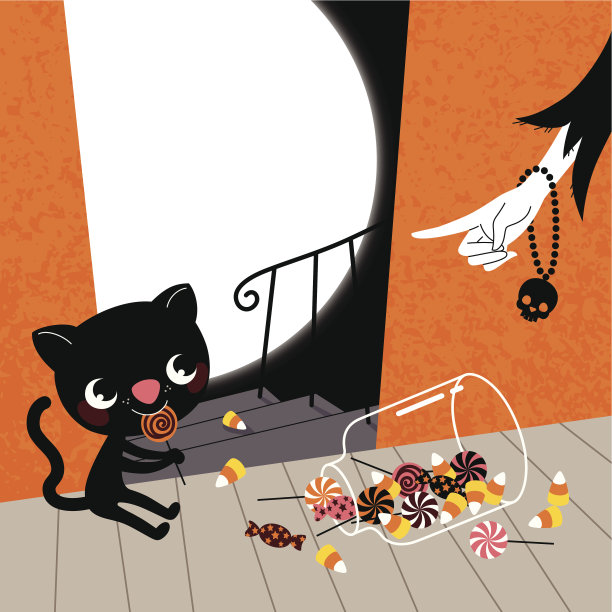 小猫，糖果和万圣节女巫图片下载