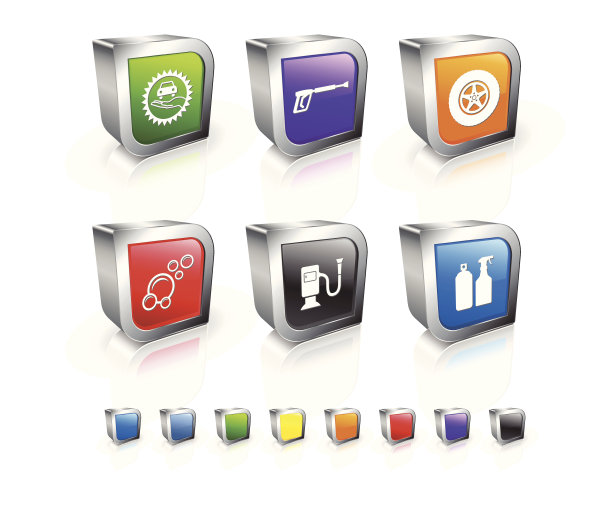 洗车和加油站3D矢量图标设置图片下载