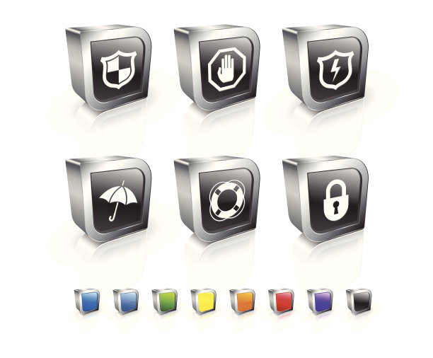 保护符号3D矢量图标设置与金属边缘图片下载