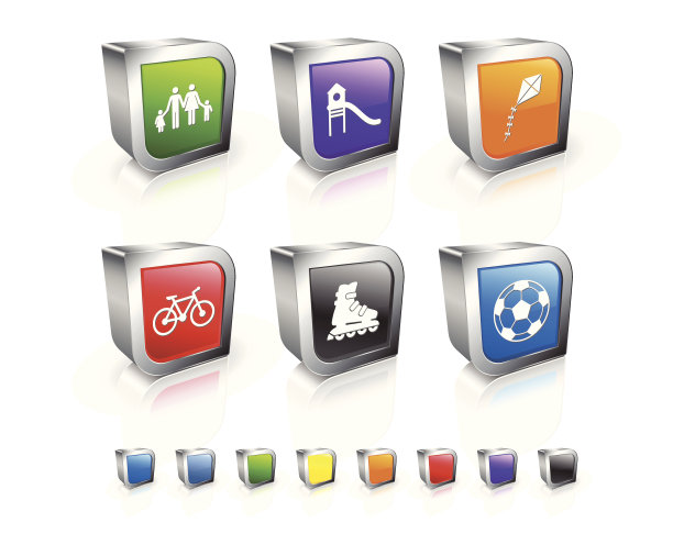 娱乐活动3D矢量图标设置与金属环图片下载