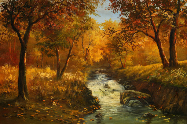 一幅小溪流过秋天风景的画图片下载