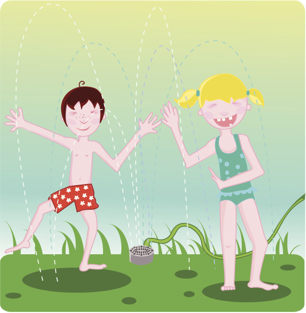 孩子们在洒水器里玩耍图片下载