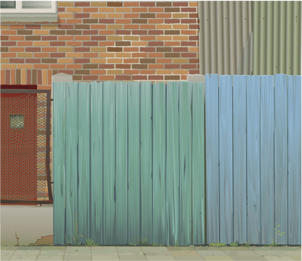 破旧的木栅栏、铁丝网和砖墙背景图片下载