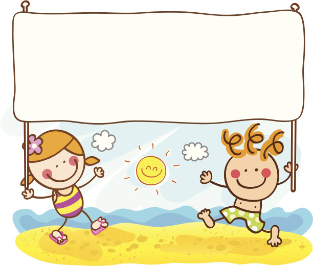 夏天的孩子与旗帜在海滩卡通插图图片下载
