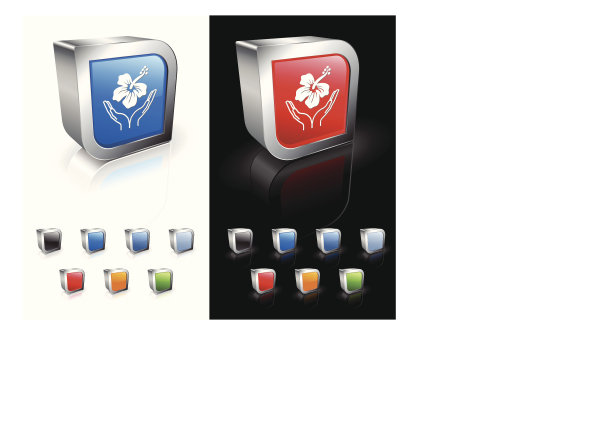 白色热带花和两只手的图标在蓝色和红色的盒子图片下载