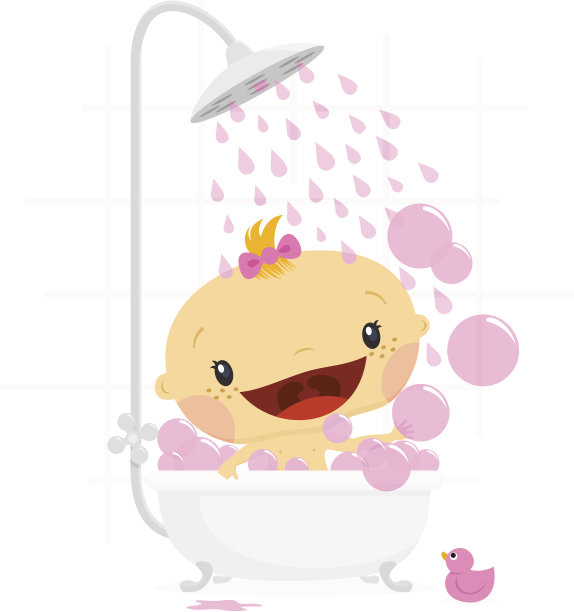 婴儿洗澡的女孩。新生的贺卡图片下载