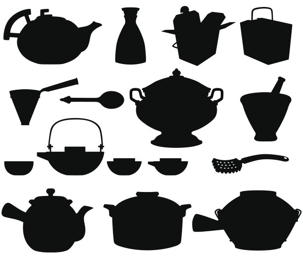 亚洲炊具和用具剪影图片下载