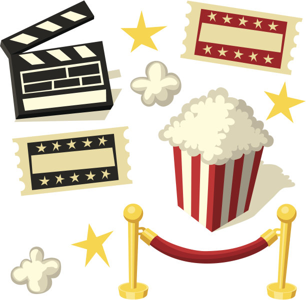 电影元素:票，爆米花，天鹅绒绳子，拍板:复古卡通风格图片下载
