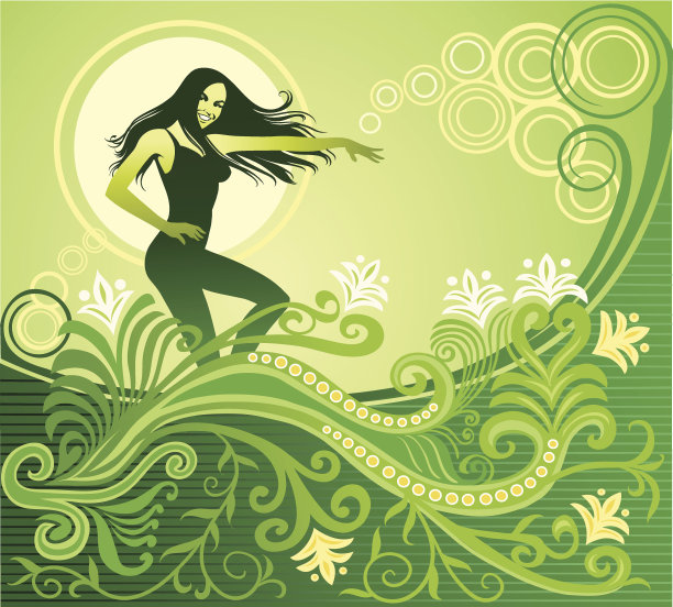 绿色花卉背景与跳舞的女人图片下载