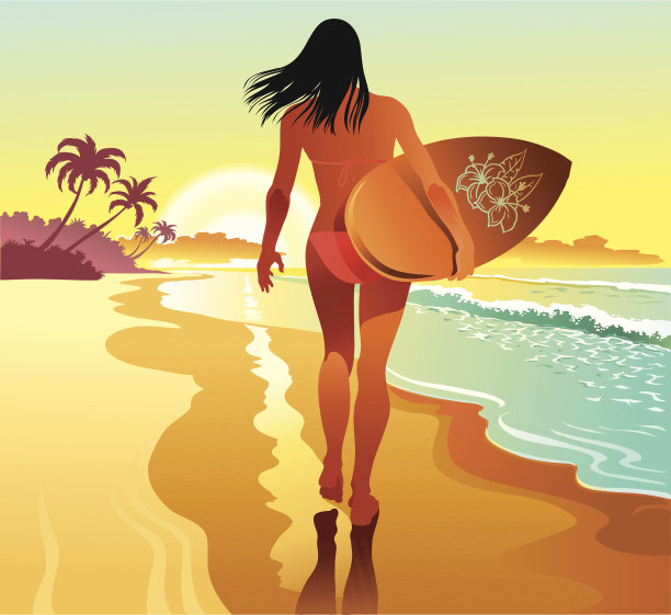 热带海滩上的冲浪女孩图片下载