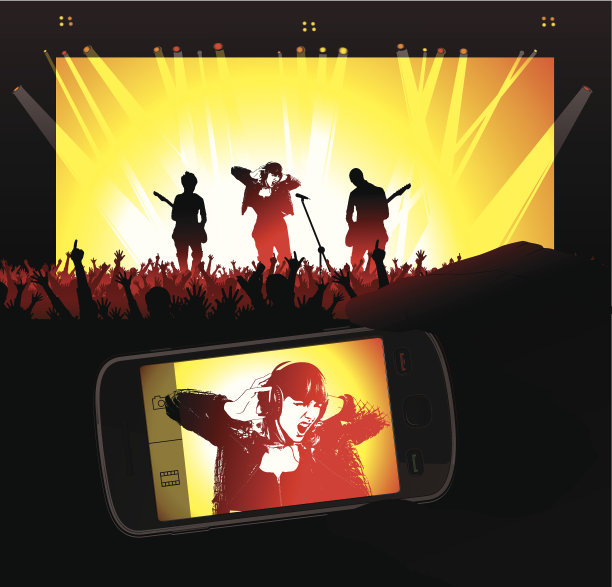 与摇滚歌手的音乐会在智能手机屏幕上投影图片下载
