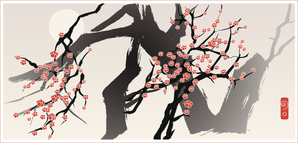 月与花树，东方风格绘画图片下载