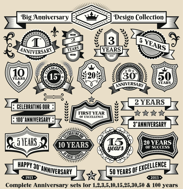 周年设计系列黑白横幅，徽章和符号图片下载