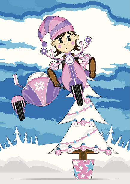 圣诞精灵在滑板车上跳树图片下载