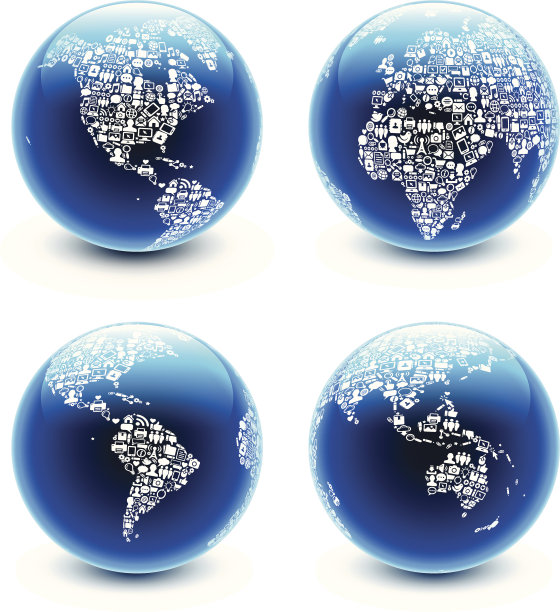 互联网和技术矢量图标在世界地球仪背景设置图片下载