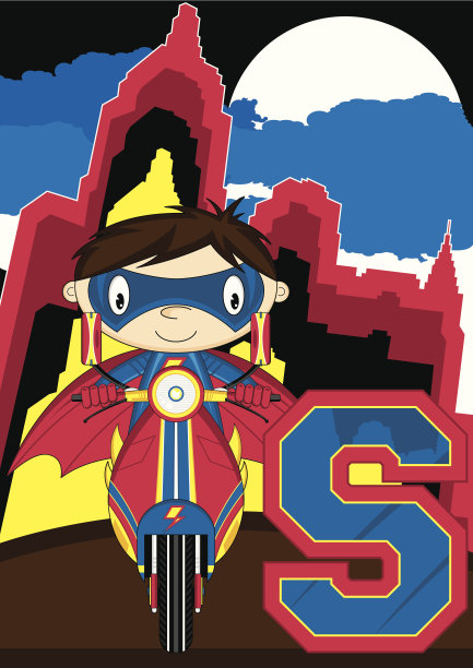 超级英雄在滑板车上学习字母S图片下载