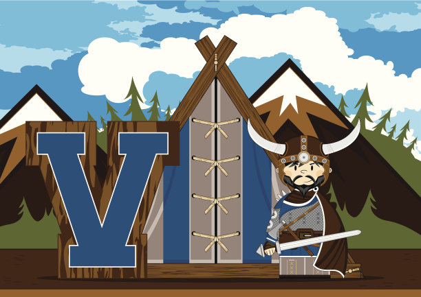 可爱的维京战士学习字母V图片下载