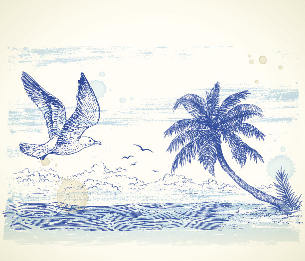 用蓝色墨水画的热带海滩图片下载