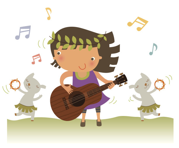 小女孩和宠物玩吉他图片下载