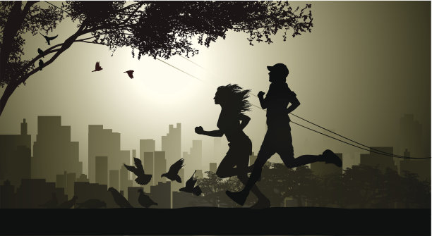 两个跑步者在城市公园慢跑的剪影图片下载