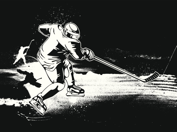 冰球运动员溜冰在冰上与棒子b&w矢量图像图片下载