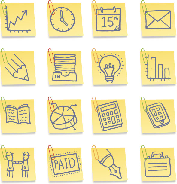 贴在便签上的通用办公室图标图片下载