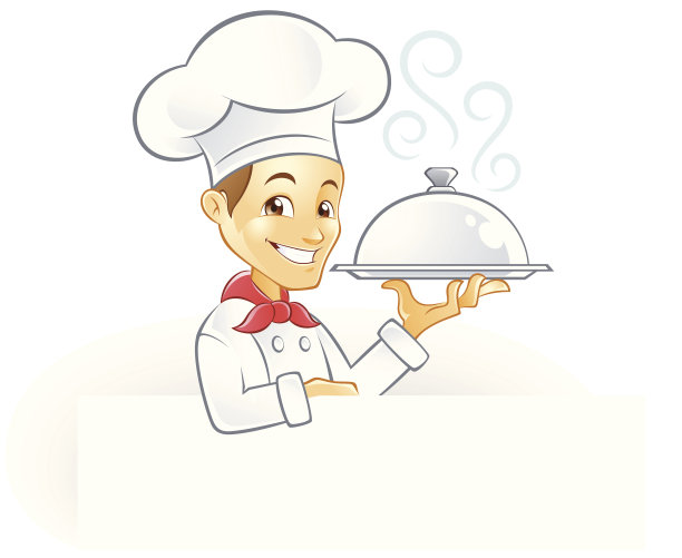 厨师与蒸服务托盘和持有招牌图片下载