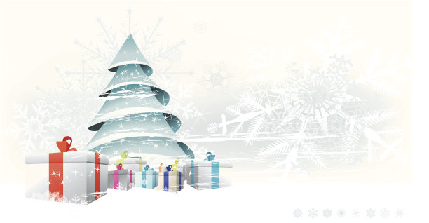 圣诞树上挂满了礼物和洁白的雪花图片下载