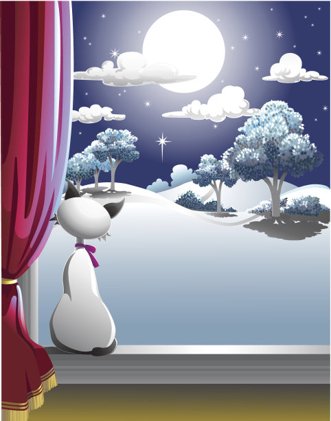 猫从窗口看月亮图片下载