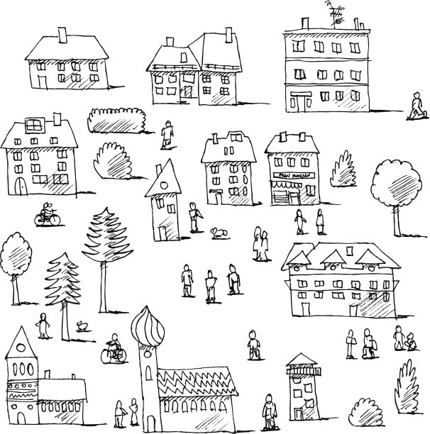 建筑，树木，人们，城市生活布景画图片下载