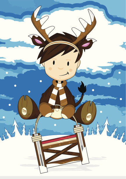 雪橇上穿着驯鹿服装的男孩图片下载