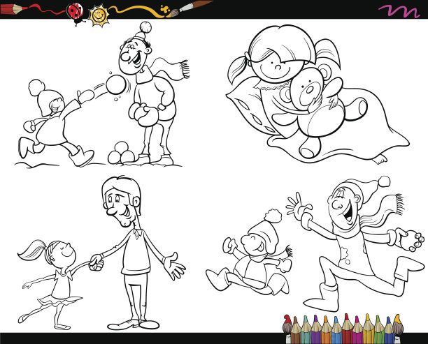 家庭着色页卡通套装图片下载