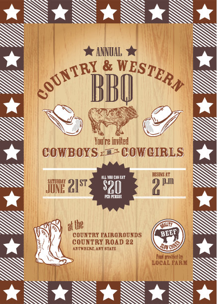 乡村牛仔和女牛仔烧烤邀请设计模板图片下载