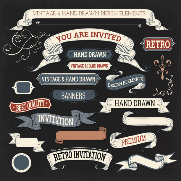 手绘复古标签和丝带图片下载