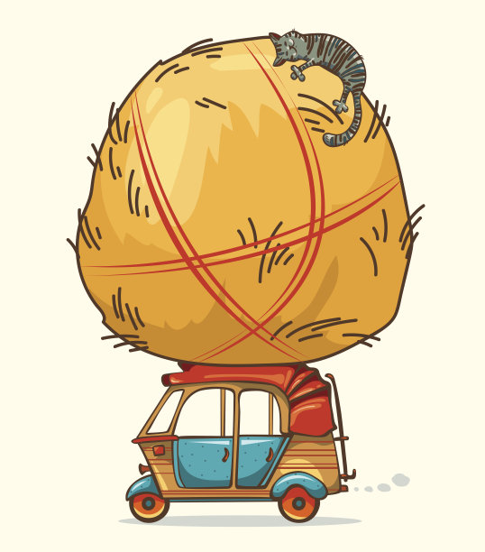 机动人力车和草垛与猫。图片下载