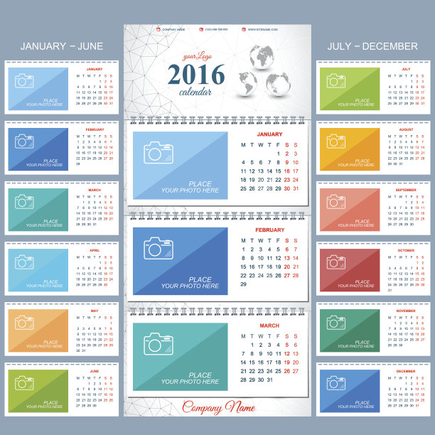 挂历2016年。矢量设计模板与地方图片下载