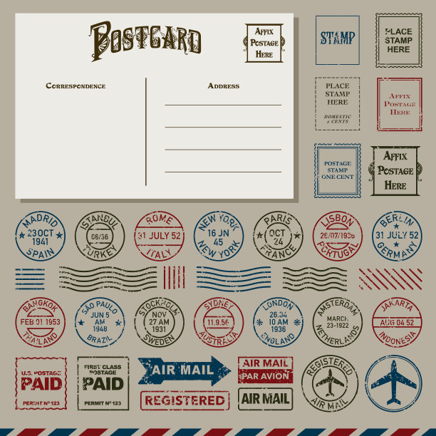 古董明信片及邮戳邮票套装图片下载