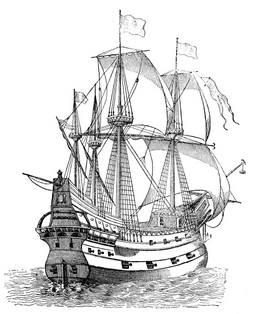 古代船只或大帆船的古董插图图片下载