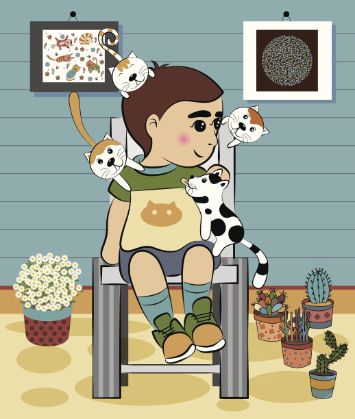 卡通男孩和猫图片下载